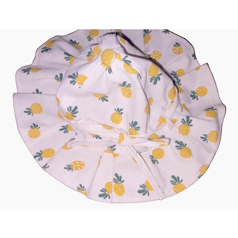 Baby Sun Hat Cotton Pineapple Print White Yellow Ruffle Brim Adjustable Tie